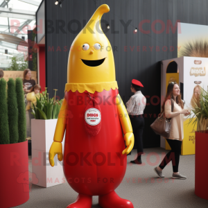Red Bottle Of Mustard mascot costume character dressed with a Playsuit and Lapel pins