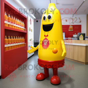 Red Bottle Of Mustard mascot costume character dressed with a Playsuit and Lapel pins