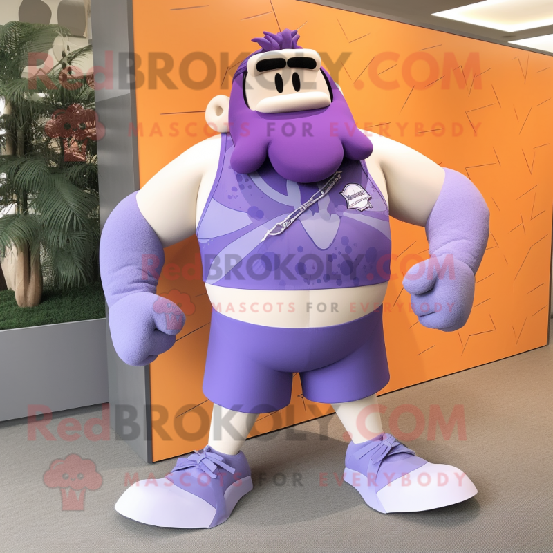 Lavender Strongman mascot costume character dressed with a Board Shorts and Shoe clips