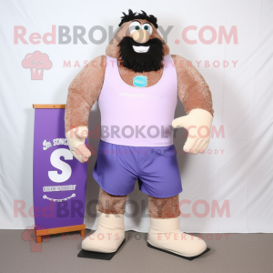Lavender Strongman mascot costume character dressed with a Board Shorts and Shoe clips