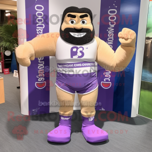 Lavender Strongman mascot costume character dressed with a Board Shorts and Shoe clips