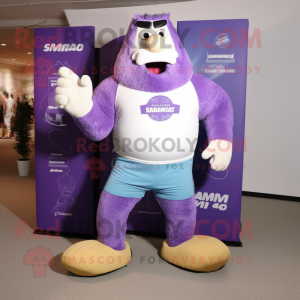 Lavender Strongman mascot costume character dressed with a Board Shorts and Shoe clips