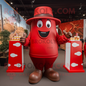 Red Chocolate Bar mascot costume character dressed with a Jumpsuit and Hats