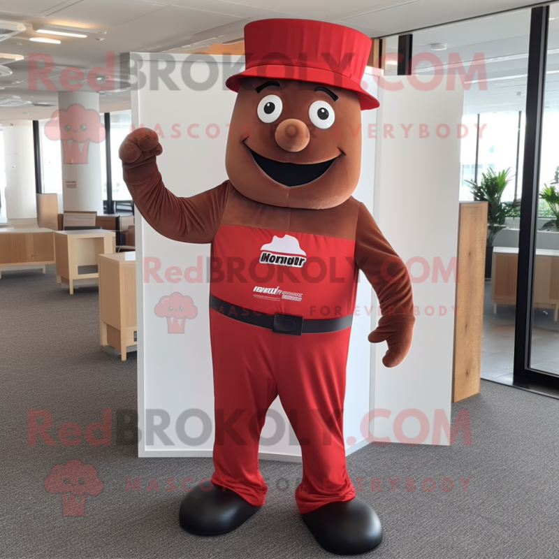 Red Chocolate Bar mascot costume character dressed with a Jumpsuit and Hats Red Chocolate Bar mascot costume character dressed with a Jumpsuit and Hats