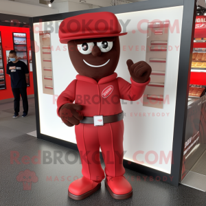 Red Chocolate Bar mascot costume character dressed with a Jumpsuit and Hats