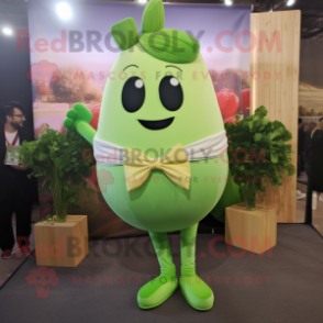 Lime Green Radish mascot costume character dressed with a Mom Jeans and Bow ties