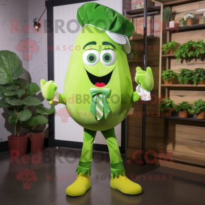 Lime Green Radish mascot costume character dressed with a Mom Jeans and Bow ties