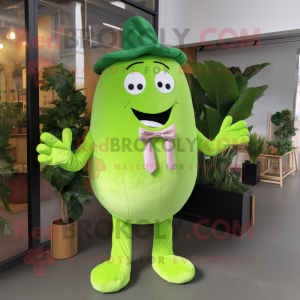 Lime Green Radish mascot costume character dressed with a Mom Jeans and Bow ties