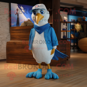 Blue Gull mascot costume character dressed with a Cargo Shorts and Foot pads