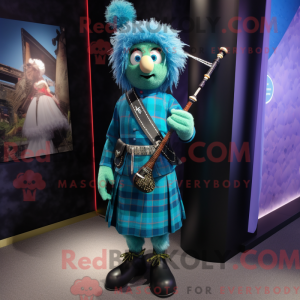 Maskotfigur af en cyan...