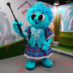 Maskotfigur af en cyan...