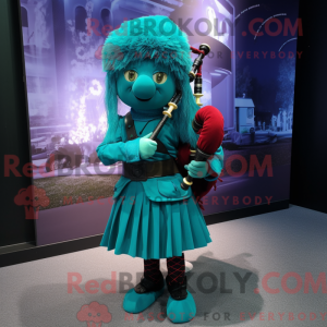 Maskotfigur af en cyan...