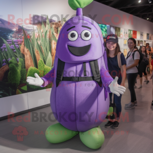 Lavender Eggplant mascot costume character dressed with a Vest and Backpacks