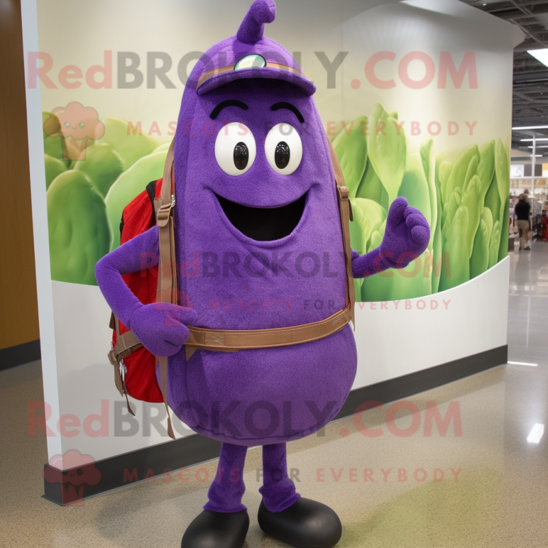 Lavender Eggplant mascot costume character dressed with a Vest and Backpacks