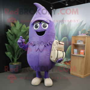 Lavender Eggplant mascot costume character dressed with a Vest and Backpacks