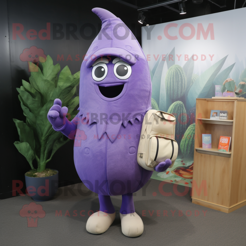 Lavender Eggplant mascot costume character dressed with a Vest and Backpacks Lavender Eggplant mascot costume character dressed with a Vest and Backpacks