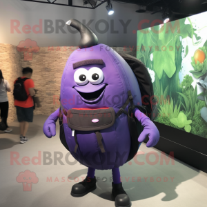 Lavender Eggplant mascot costume character dressed with a Vest and Backpacks