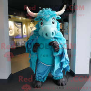 Maskotkarakter af en cyan...