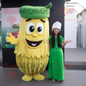 Olive Pad Thai mascot costume character dressed with a Evening Gown and Beanies
