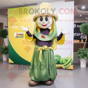 Olive Pad Thai mascot costume character dressed with a Evening Gown and Beanies