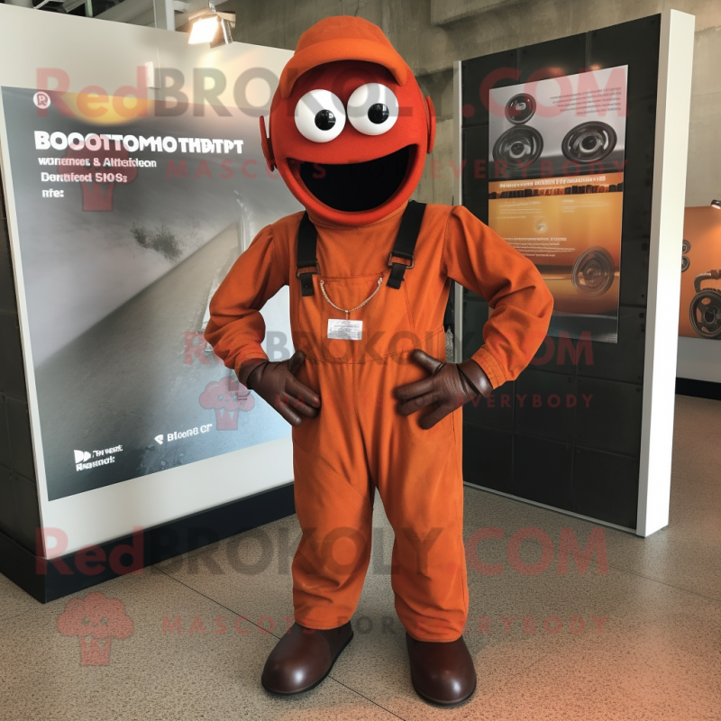 Rust Pendant mascot costume character dressed with a Jumpsuit and Shoe clips Rust Pendant mascot costume character dressed with a Jumpsuit and Shoe clips