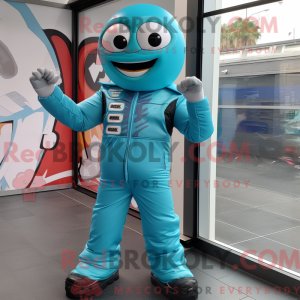 Maskotfigur af en cyan...