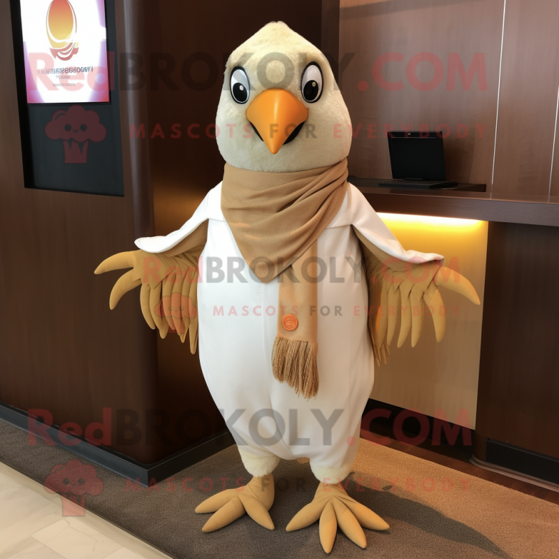 Beige Butter Chicken mascot costume character dressed with a Suit and Shawl pins Beige Butter Chicken mascot costume character dressed with a Suit and Shawl pins
