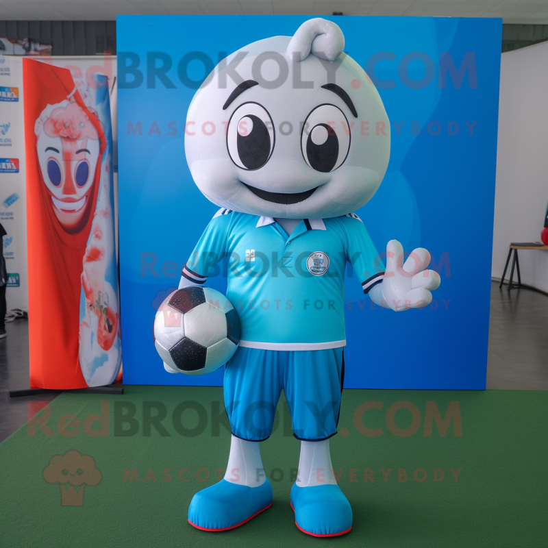 Cyan Soccer Ball mascot costume character dressed with a Romper and Lapel pins Cyan Soccer Ball mascot costume character dressed with a Romper and Lapel pins
