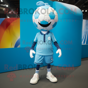 Cyan Soccer Ball mascot costume character dressed with a Romper and Lapel pins