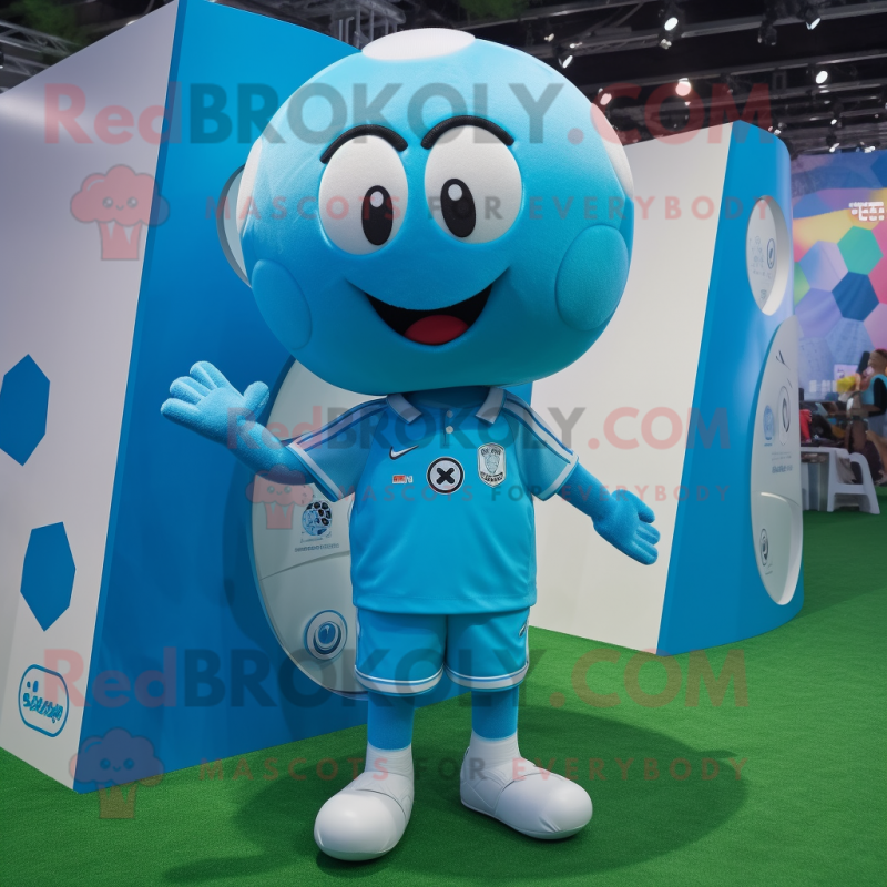 Cyan Soccer Ball mascot costume character dressed with a Romper and Lapel pins Cyan Soccer Ball mascot costume character dressed with a Romper and Lapel pins