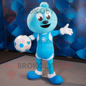 Cyan Soccer Ball mascot costume character dressed with a Romper and Lapel pins