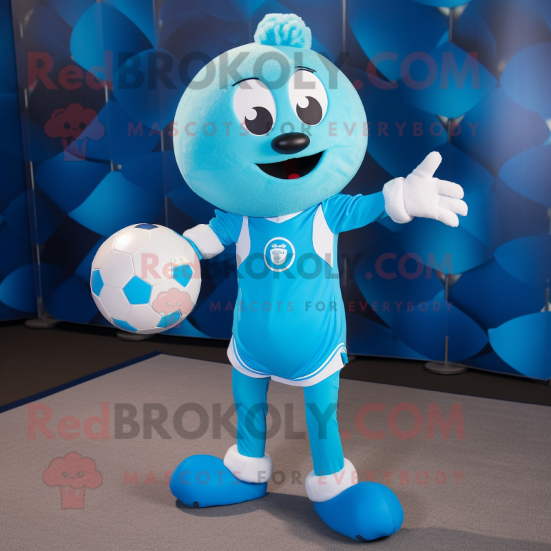 Cyan Soccer Ball mascot costume character dressed with a Romper and Lapel pins Cyan Soccer Ball mascot costume character dressed with a Romper and Lapel pins