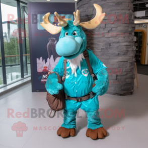 Teal Moose mascot costume character dressed with a Rash Guard and Backpacks