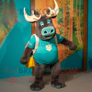 Teal Moose mascot costume character dressed with a Rash Guard and Backpacks
