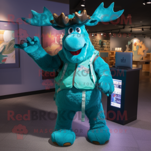 Teal Moose mascot costume character dressed with a Rash Guard and Backpacks