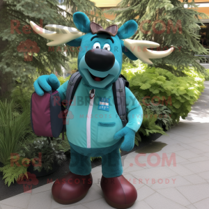 Teal Moose mascot costume character dressed with a Rash Guard and Backpacks