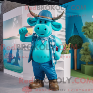 Maskotkarakter av en cyan...