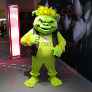 Lime Green Ogre mascot costume character dressed with a Skinny Jeans and Lapel pins