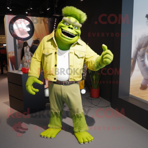 Lime Green Ogre mascot costume character dressed with a Skinny Jeans and Lapel pins