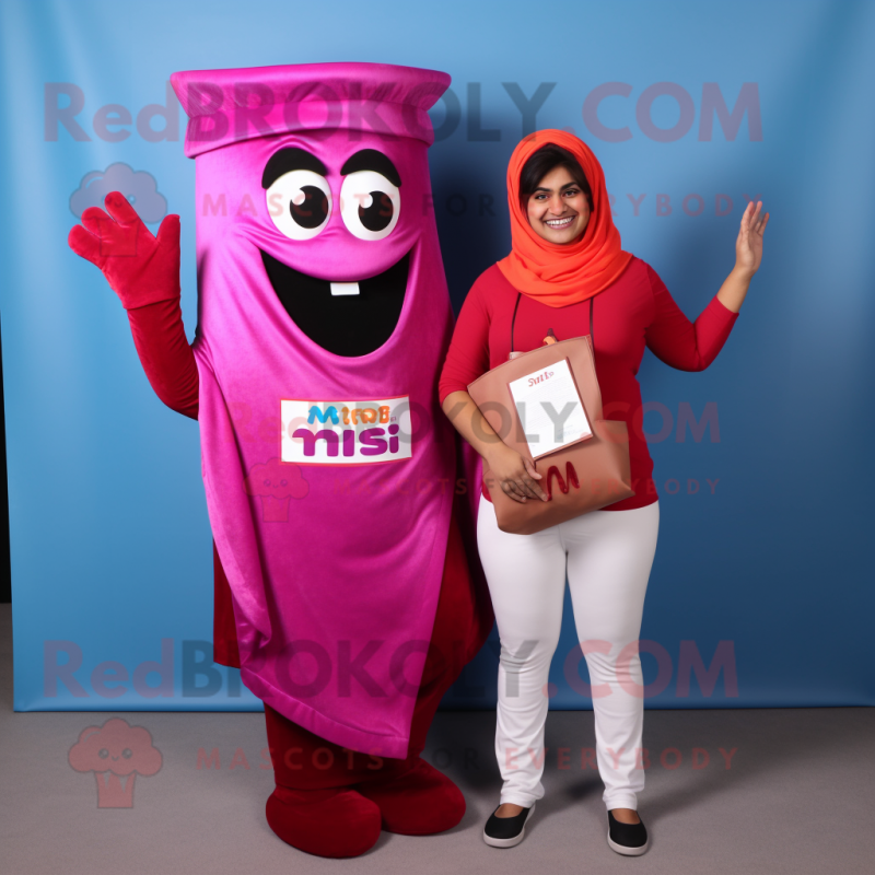Magenta Tikka Masala mascot costume character dressed with a Long Sleeve Tee and Wallets Magenta Tikka Masala mascot costume character dressed with a Long Sleeve Tee and Wallets