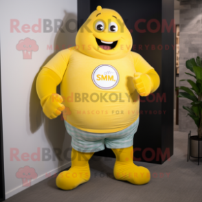 Lemon Yellow Strongman mascot costume character dressed with a Button-Up Shirt and Smartwatches
