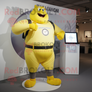 Lemon Yellow Strongman mascot costume character dressed with a Button-Up Shirt and Smartwatches