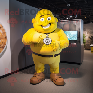 Lemon Yellow Strongman mascot costume character dressed with a Button-Up Shirt and Smartwatches