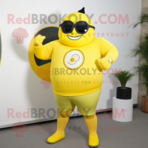 Lemon Yellow Strongman mascot costume character dressed with a Button-Up Shirt and Smartwatches