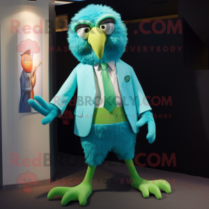 Turquoise Kiwi mascot costume character dressed with a Capri Pants and Pocket squares