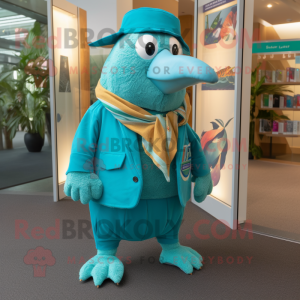 Turquoise Kiwi mascot costume character dressed with a Capri Pants and Pocket squares