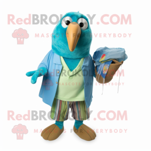 Turquoise Kiwi mascot costume character dressed with a Capri Pants and Pocket squares