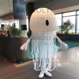 White Jellyfish mascot costume character dressed with a Cocktail Dress and Hairpins