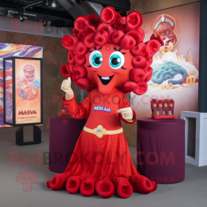 Red Medusa mascot costume character dressed with a Blouse and Coin purses