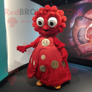 Red Medusa mascot costume character dressed with a Blouse and Coin purses